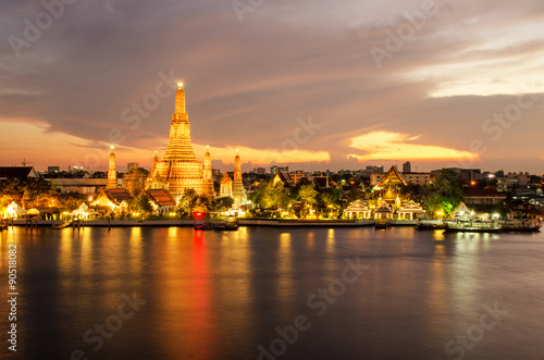 Night view of Wat Arun temple and Chao Phraya River, Bangkok, Th