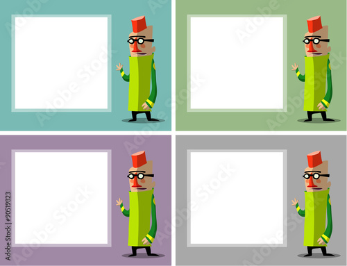 funny cartoon character with glasses and fez in front of poster