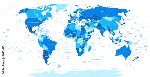 Blue World Map - borders  countries and cities -illustration. Image contains land contours  country and land names  city names  water object names.