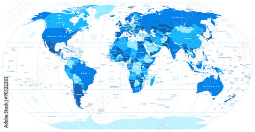 Fototapeta Naklejka Na Ścianę i Meble -  Blue World Map - borders, countries and cities -illustration.