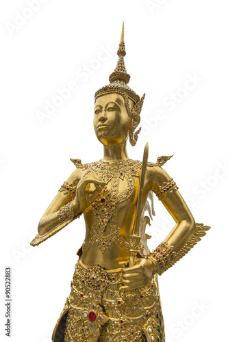 Golden Kinnaree statue on white background