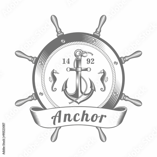 Emblem steering wheel anchor vector illustration / Vector illustration, Old-fashioned, Anchor - Vessel Part,  Rope, Retro Styled, Nautical Vessel