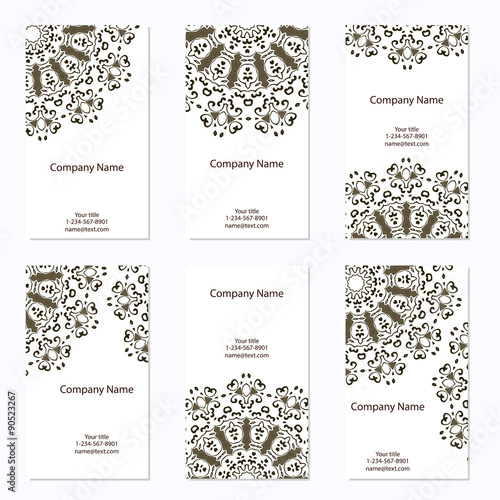 Set of six business cards. Vintage pattern in retro style with o