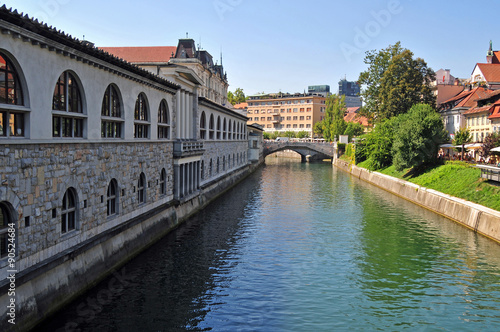 Ljubljanica river and Triple bridges in the background, Ljubljan