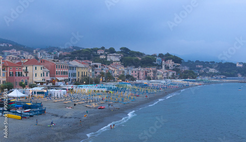 Scenic view of colorful village and ocean coast in liguria