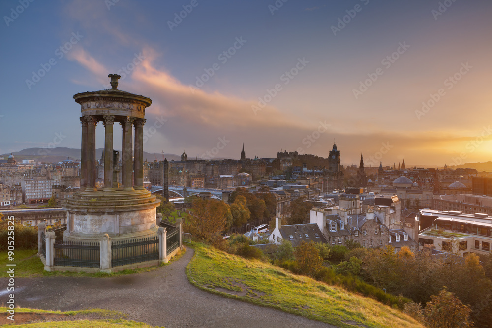 Skyline of Edinburgh, Scotland from Calton Hill at sunset