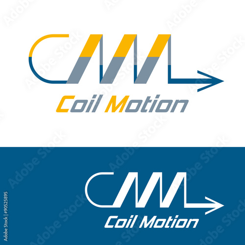 Logo concept for brands containing in their name Letters C and M as compressed metal spring and arrow motion to right. Abstract vector zigzag coil icon. Logo template for brand or company