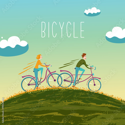 Summer bike. Two people are cycling up the hill. Vector illustration. 