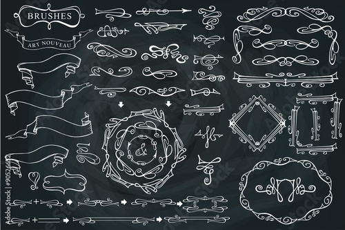 Swirling calligraphic brushes,ribbons,Curled decor set.Chalkboar
