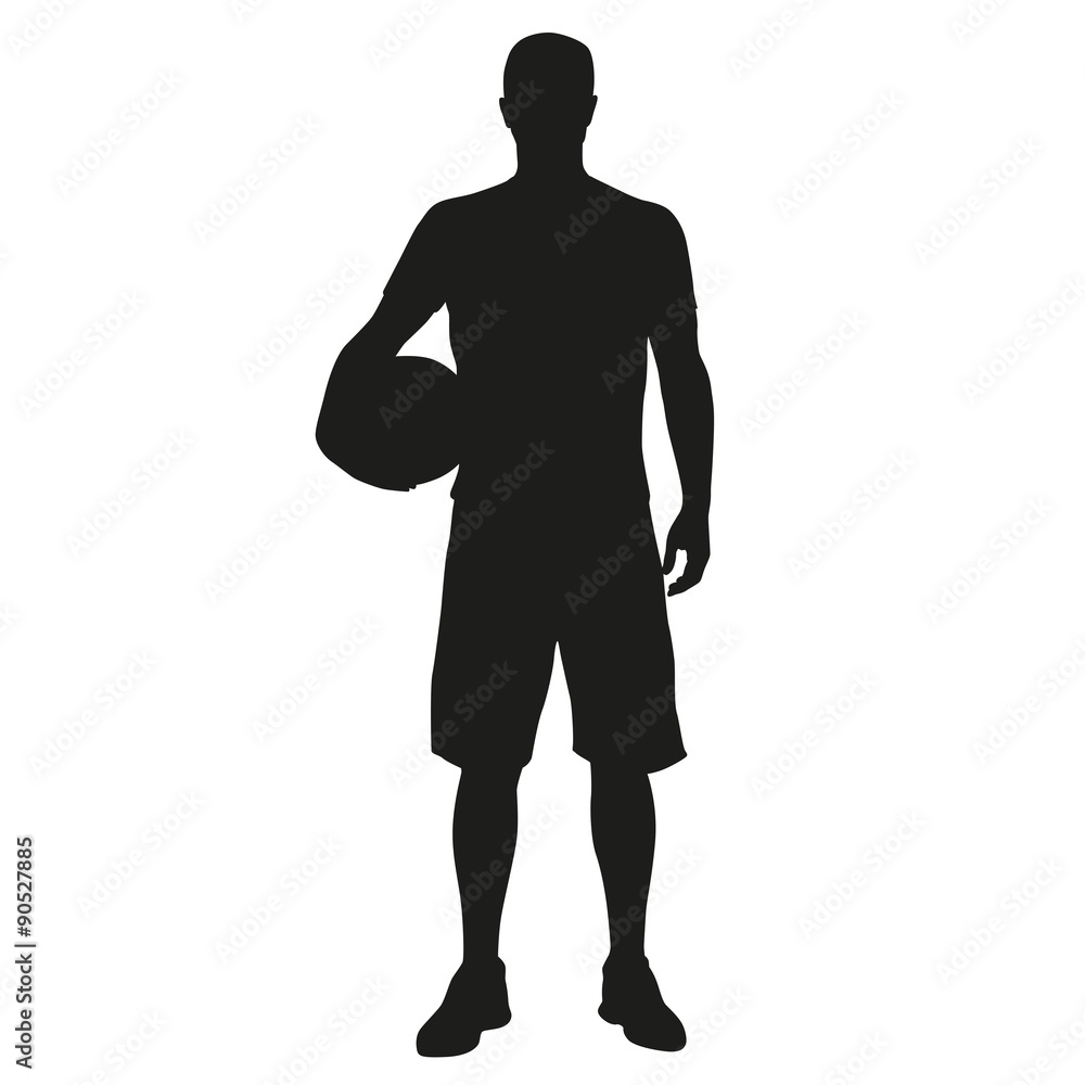 Basketball player standing with ball in hand. Vector silhouette