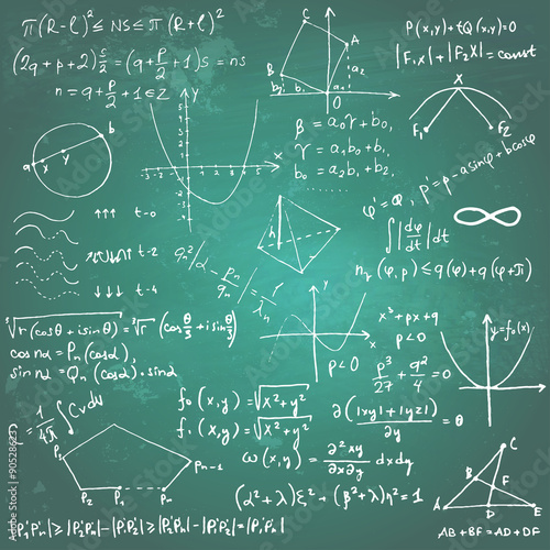 Mathematical formulas and drawings on a chalkboard