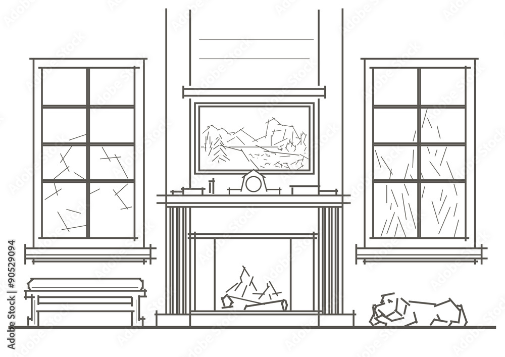 Fototapeta premium Linear architectural sketch living-room interior with chimney front view