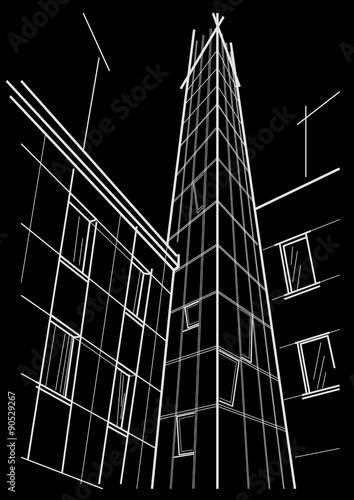 linear architectural sketch of skyscraper tower on black background