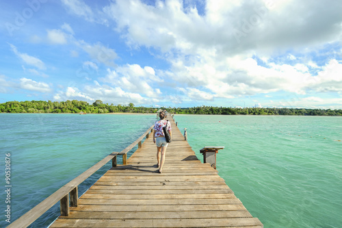 women walk on Wooden pier on summer season - Wooden pier in Kho