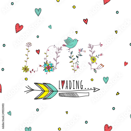 Floral elements of vintage. Prase love is loading in vector. 