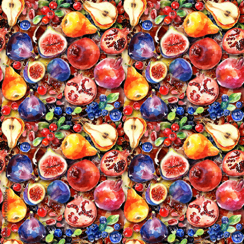 Seamless pattern. Colorful watercolor fruit. Set of fig  pomegranate  cranberry  blueberry  pear. Can be used for pattern fills  wallpapers texture of fabric  surface textures.