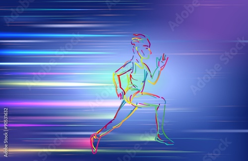 Man running, using colorful zigzag line on blue background © artnovielysa