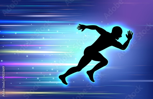 Runner silhouette with effect glow blue on background blue