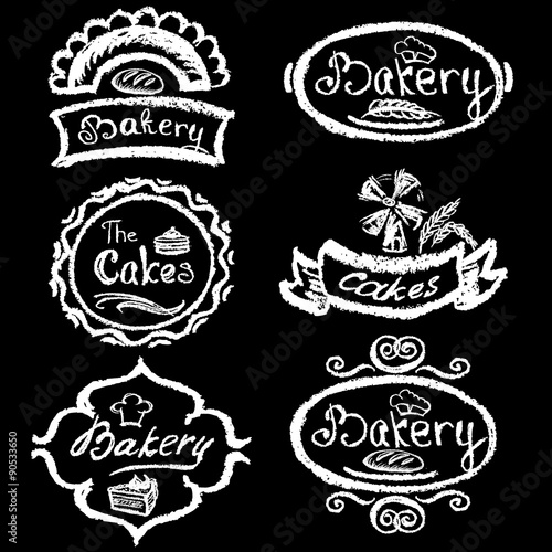 Set of vintage hand drawing chalk style bakery logo badges and l