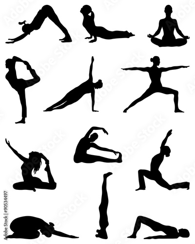 Black silhouettes of yoga and gymnastics, vector