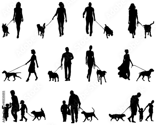 Black silhouettes of people with dog, vector