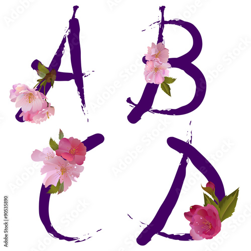 Vector spring alphabet with gentle sakura flowers A,B,C,D