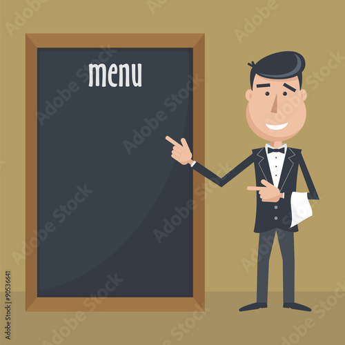Funny cartoon waiter with menu.