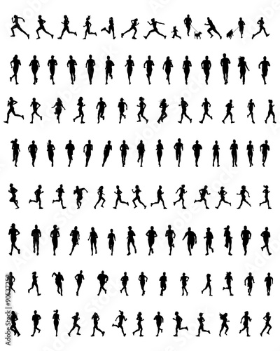 Big set of black silhouettes of runners, vector