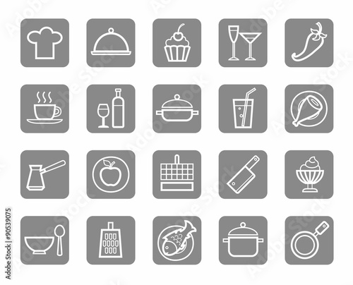 Icons, kitchen, food, drinks, restaurant, white outline, grey background. 