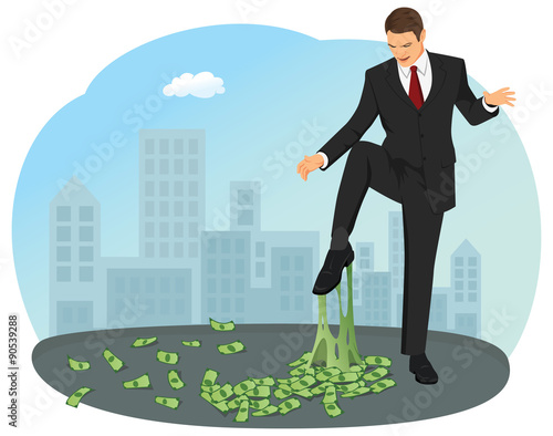 Businessman foot stuck in the money chewing gum. He's unhappy and looking how is it stretching.