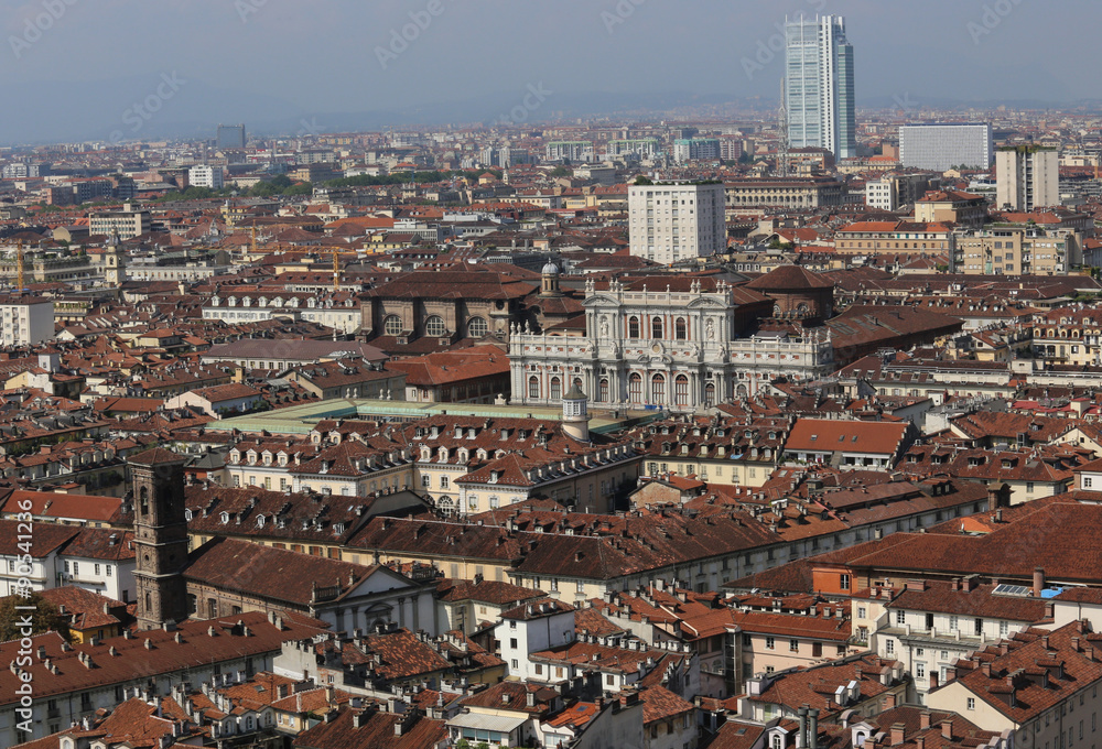 panoramic view from the top by the city of Turin with the histor