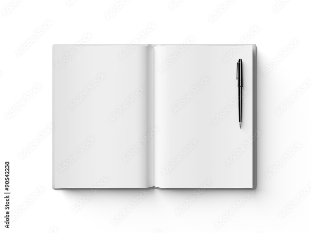 Black pen on white open book, on white background. Black pen on white open book, on white background.