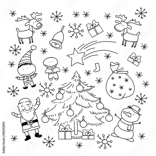 Set of Christmas symbols and elements, black and white