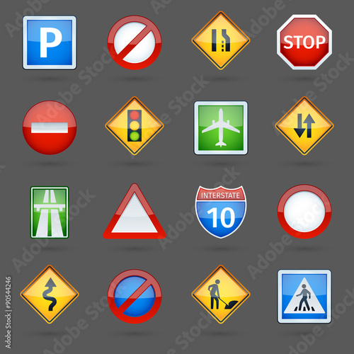 Road traffic signs glossy icons set