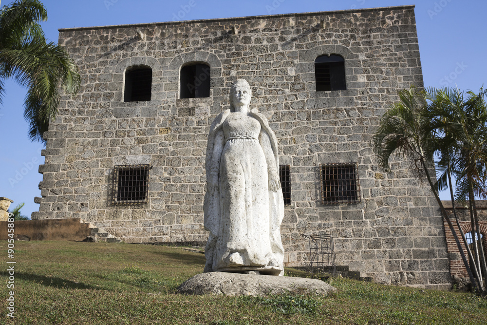 Maria de Toledo statue in Plaza de Espana from Alcazar de Colon (Palacio de Diego Colon). Santo Domingo. Dominican Republic.
