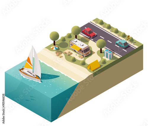 Vector isometric beach camping