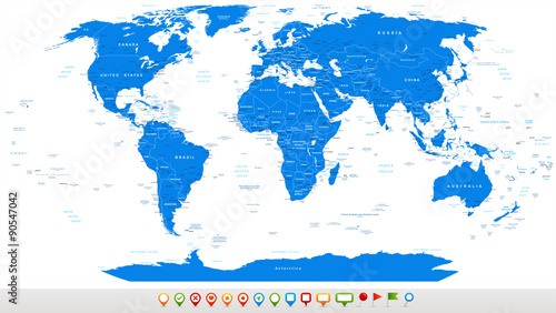 Fototapeta Naklejka Na Ścianę i Meble -  Blue World Map and navigation icons - illustration. Highly detailed world map. Countries, cities, water objects.