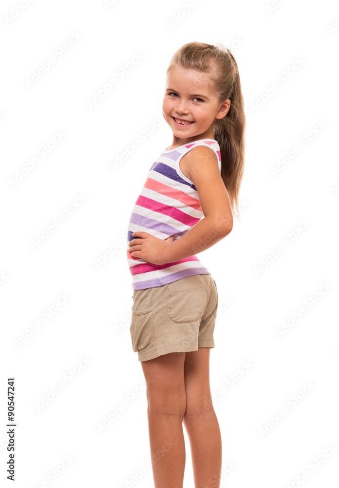 little girl turned aside standing on white background little girl turned aside standing on white background