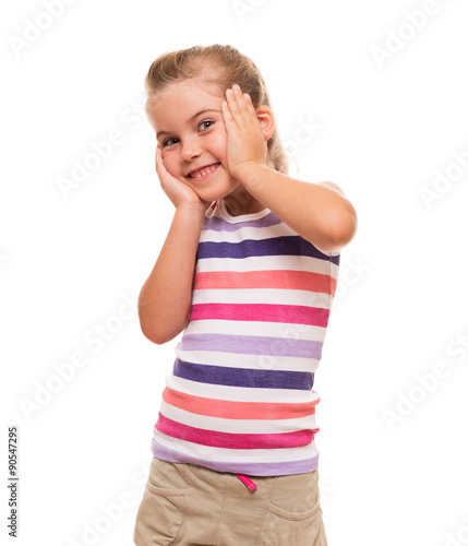 Little cute girl standing wonderful against white backdrop