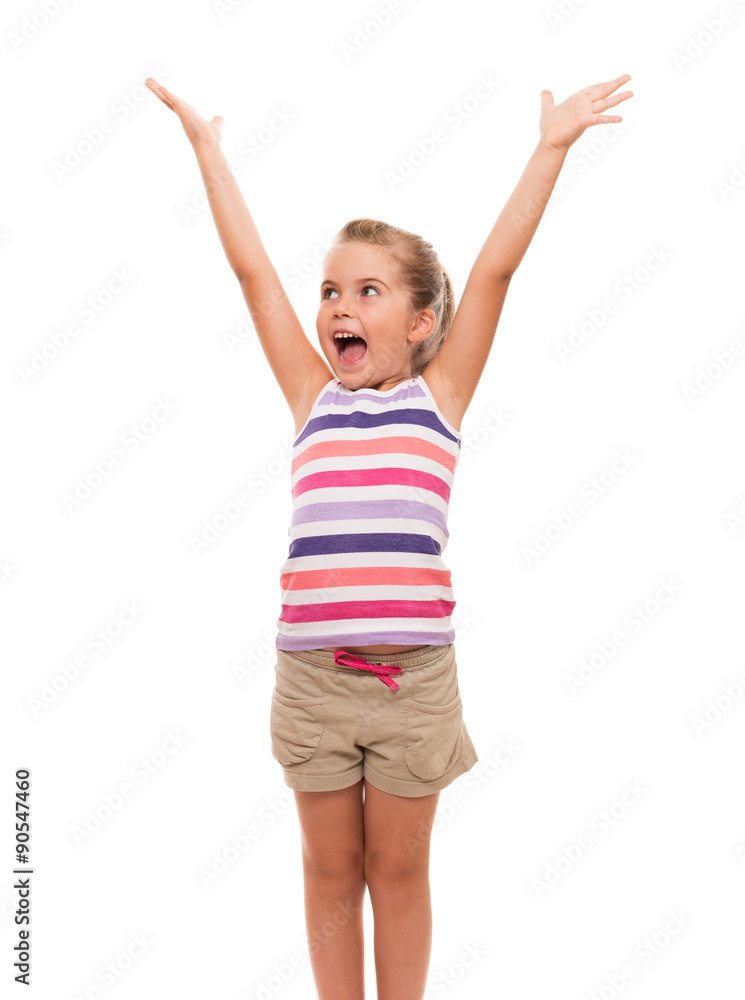 cute little girl standing on white stretching her arms up cute little girl standing on white stretching her arms up