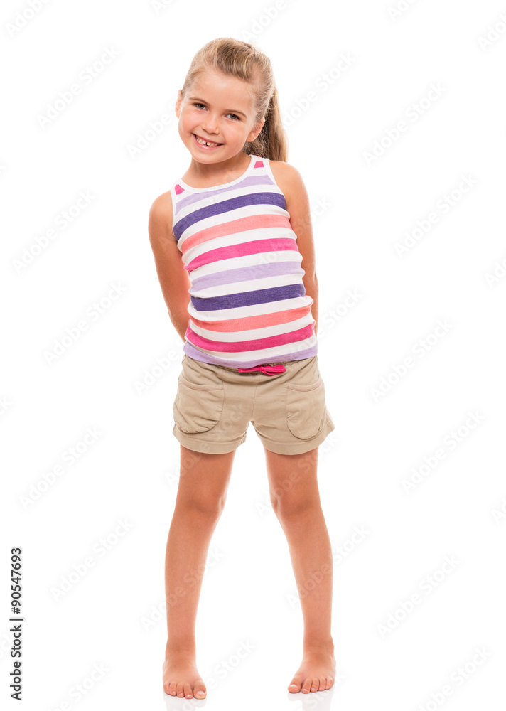 cute little girl standing on white holding hands behind back cute little girl standing on white holding hands behind back