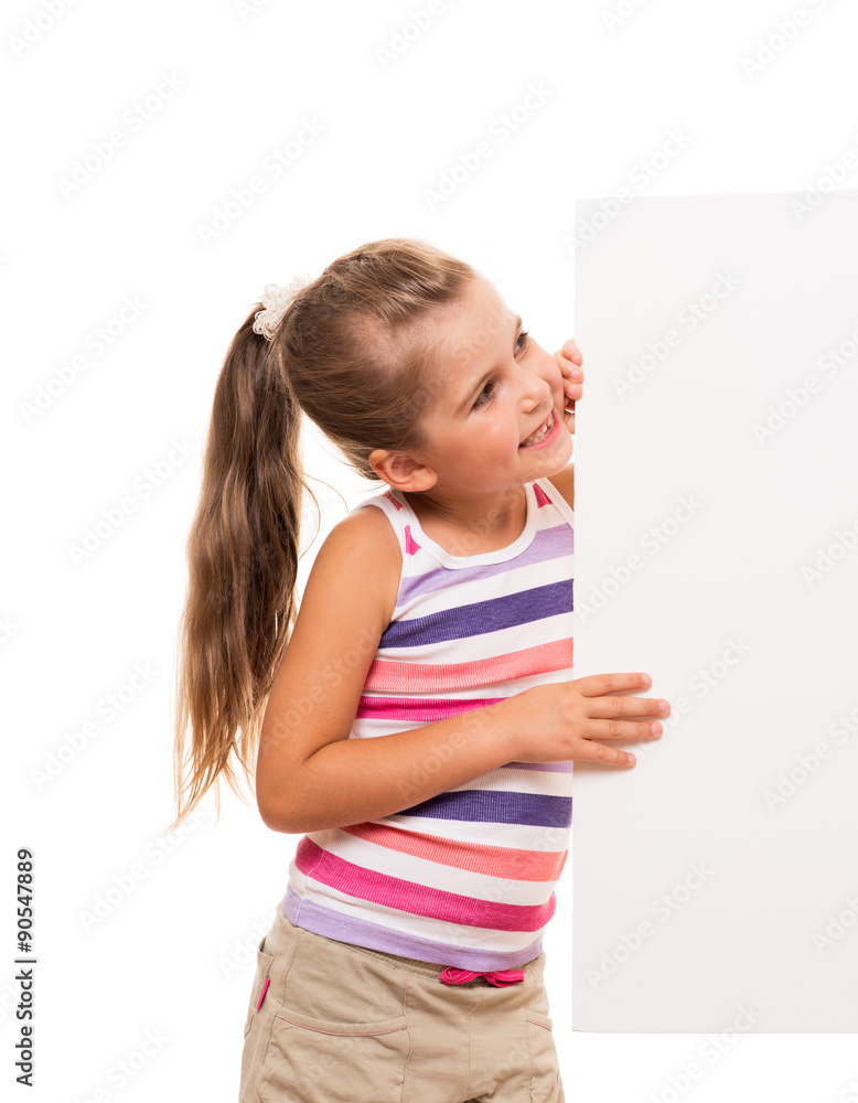 little girl is standing on white background and holding white ca Stock ...