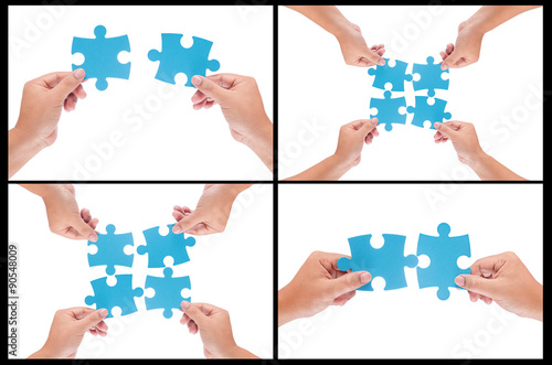 collection of man hand holding jigsaw isolated on white backgrou