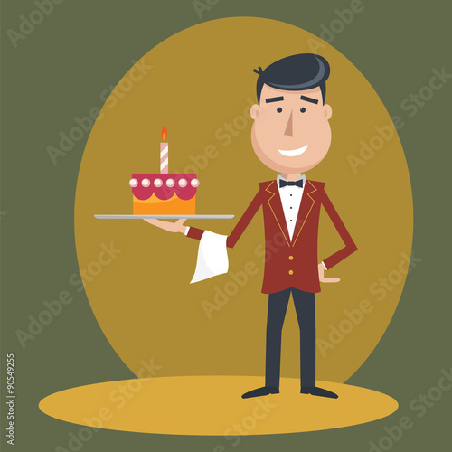 Waiter with  birthday cake .