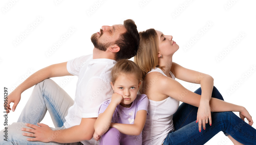 The tired family sitting on white background The tired family sitting on white background