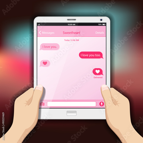 hands using tablet with chat bubbles on tablet screen