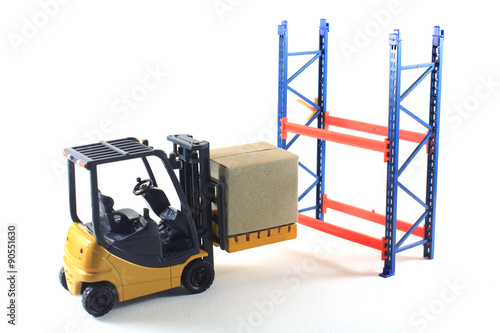 Accident of Electrical forklift and rack isolated on a white bac