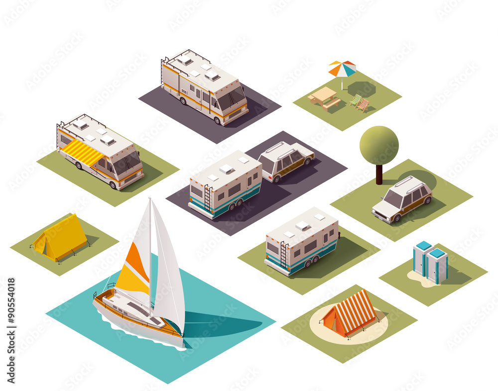 Vector isometric camping icons Vector isometric camping icons