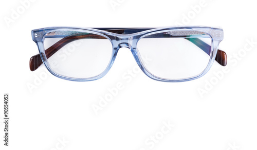 Blue glasses on white background