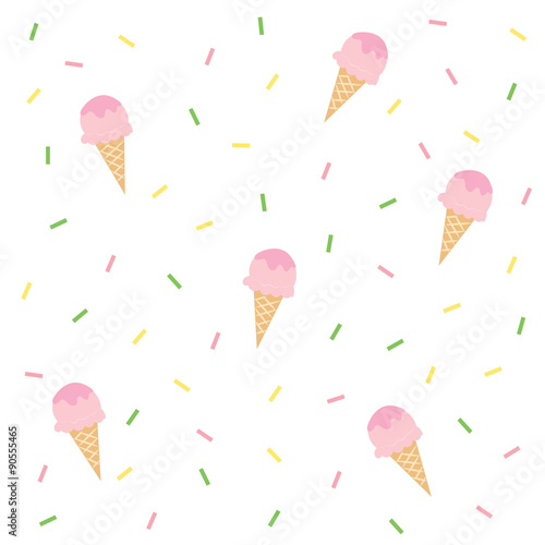 Strawberry ice-cream cone seamless background.